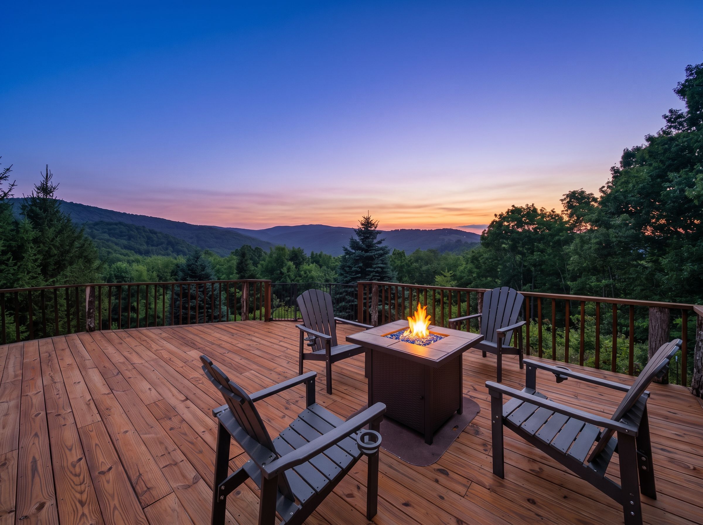 A deck with a fire pit table and chairs, surrounded by a wooden deck and a view of the mountains.