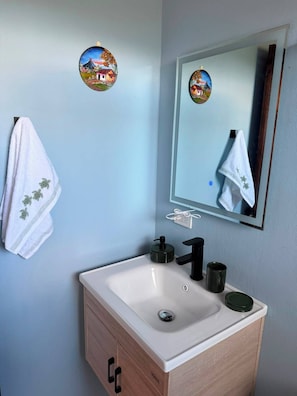 A bathroom with a white sink, a mirror, and two wall-mounted towel holders with towels.