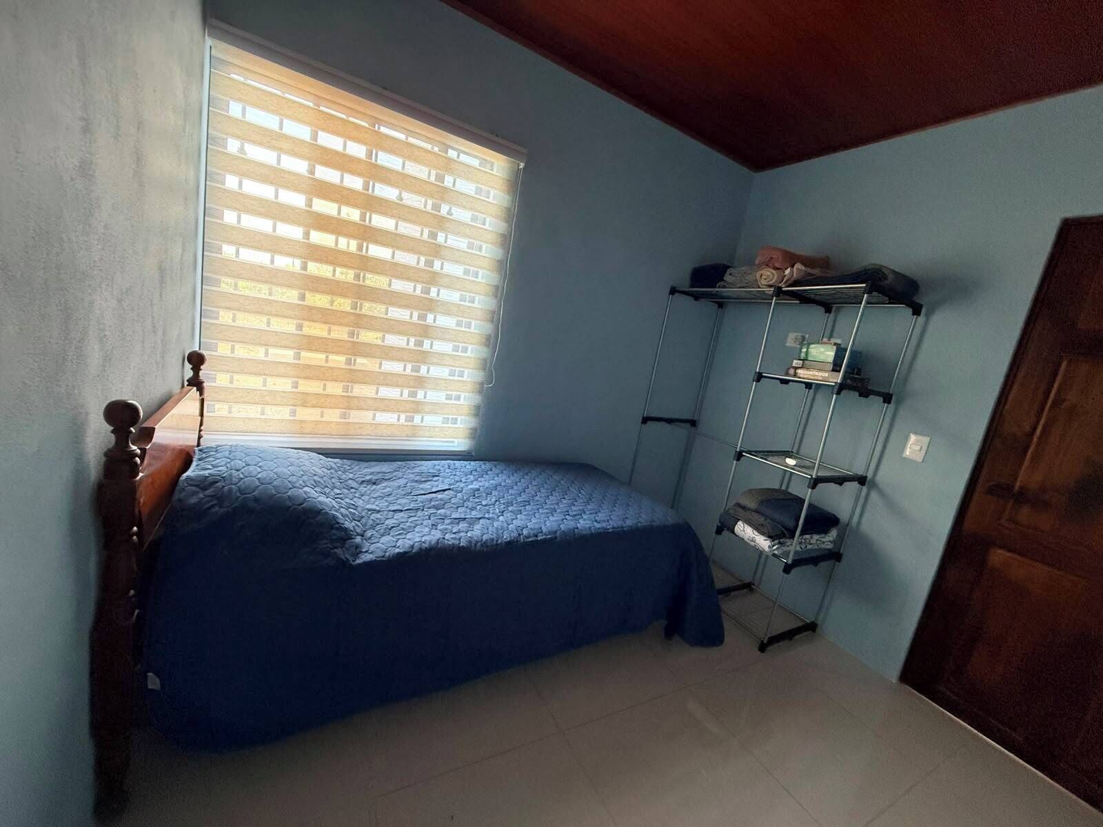 A bedroom with a single bed, a window with blinds, a metal shelf unit, and a door.