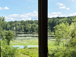 A view through a window of a natural landscape with a lake, trees, and a distant hill.
