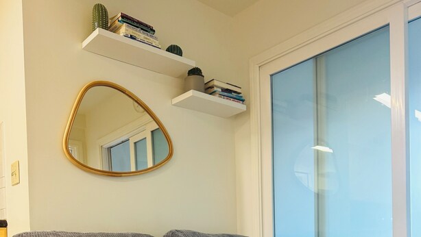 A grey sofa with a wooden frame, a round mirror, and a white shelf with books and a cactus. - Cozy Inner Richmond Apartment, Steps to Golden Gate Park (San Francisco)