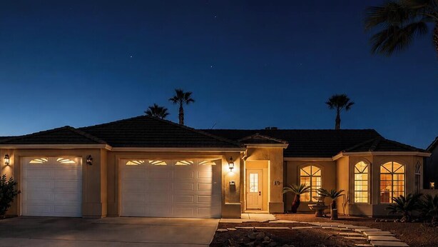 A residential house with a garage, a well-lit entrance, and a landscaped front yard. - Desert Retreat / Brand new interior / Pool / Views (Bullhead City)
