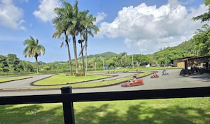 A go-kart track with multiple lanes and a grassy area with palm trees. - Oceanfront 1BR Condo with Stunning Beach Views & AC (Luquillo)