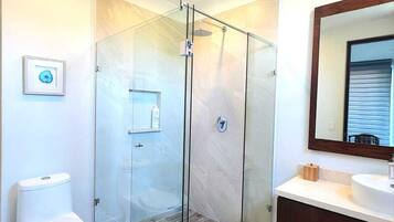 Un baño moderno con ducha separada por vidrio, inodoro y tocador con espejo.
