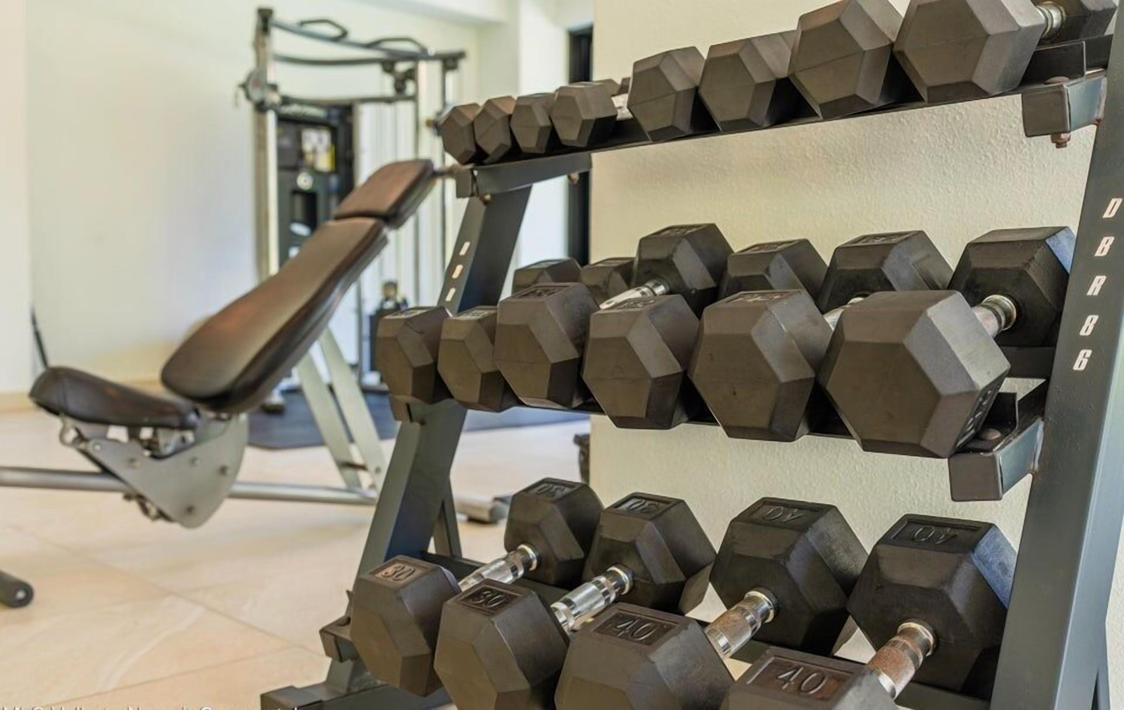 Un gimnasio con una banca y una estructura de mancuernas hexagonales.