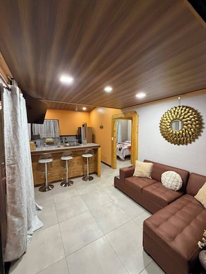 Ein modernes Wohnzimmer mit braunem Sofa, Holzboden und einer Küchenzeile mit Bar.