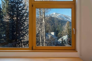 Ein Fenster mit Blick auf einen verschneiten Berg und Bäume.