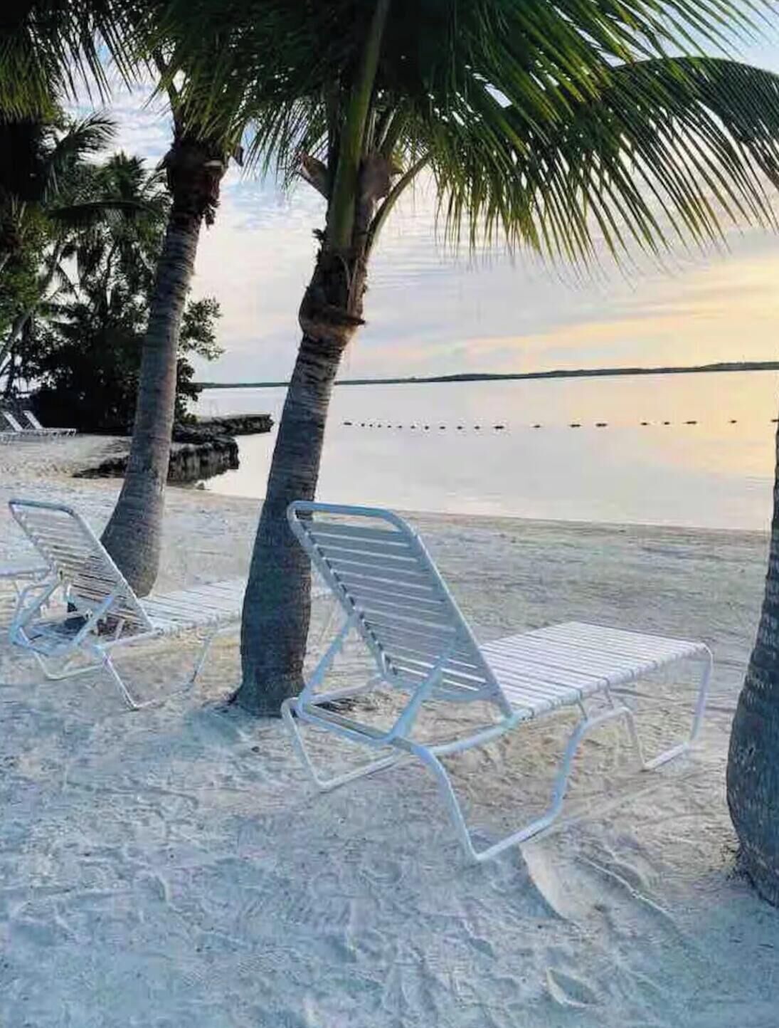 Una playa con dos sillas reclinables de metal blanco, palmeras y un mar tranquilo.