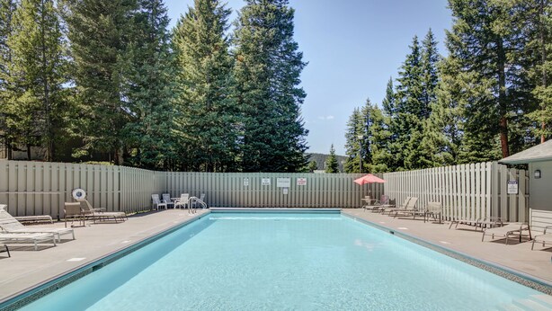 Piscina rectangular con agua cristalina, rodeada por una valla de madera y protegida por árboles altos.