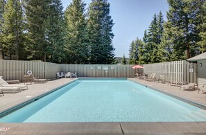 A rectangular swimming pool with clear water, surrounded by a wooden fence, and shaded by tall trees.