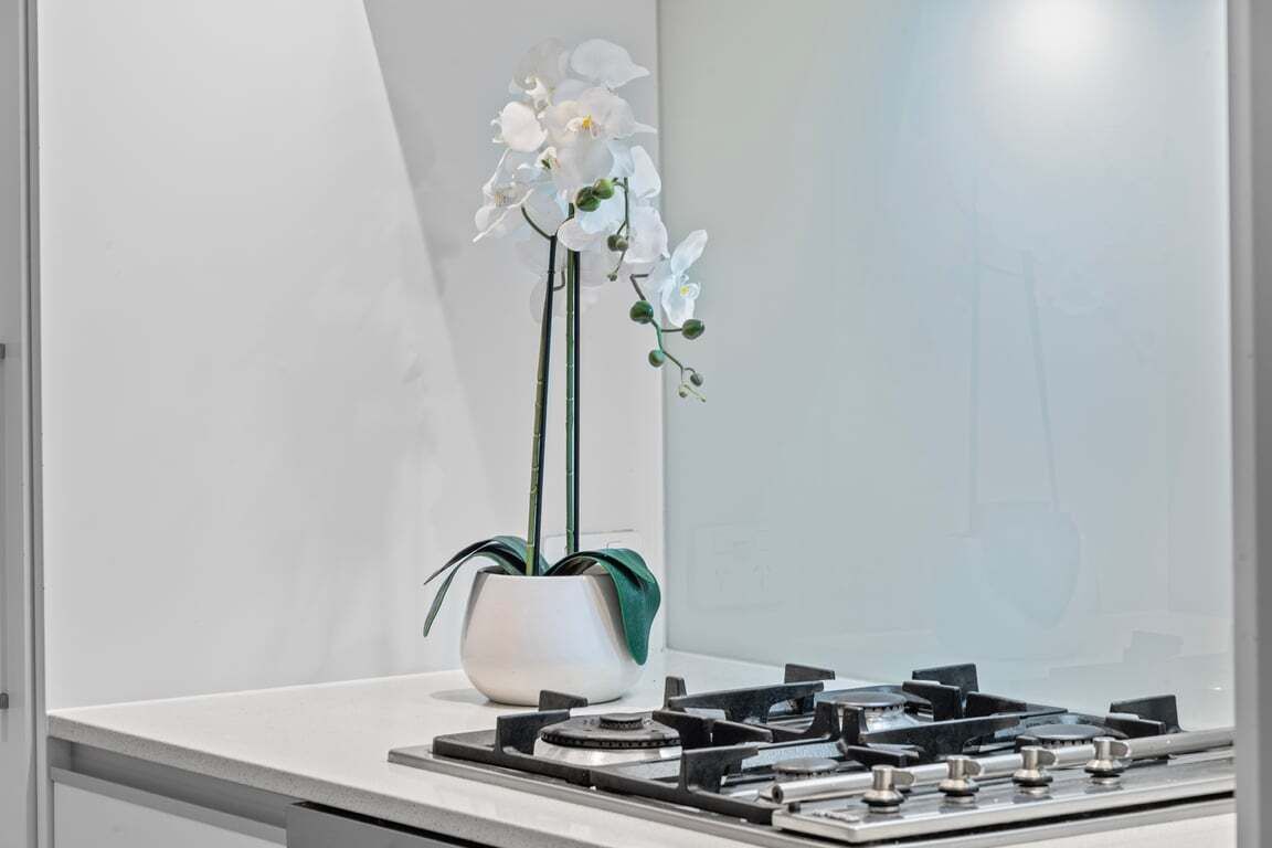 Une cuisine avec un plan de travail blanc, une cuisinière à gaz et une orchidée en pot.