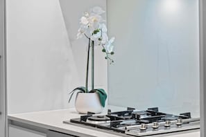 A kitchen with a white countertop, a gas stove, and a potted orchid. - Spacious 3BR | Pool, Gym, Tennis & Parking (Brisbane)