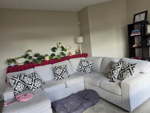 Ein Wohnzimmer mit grauem Ecksofa, gemusterten Kissen, einem schwarz-rot gestreiften Beistelltisch und einem schwarzen Bücherregal.