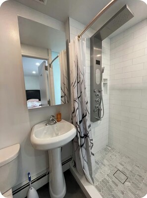 Chuveiro, secador de cabelo, toalhas de banho 