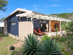 A modern house with a covered patio, a pool, and a garden with large plants.