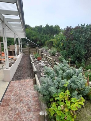 Un camí al jardí que condueix a una zona coberta amb mobiliari exterior.