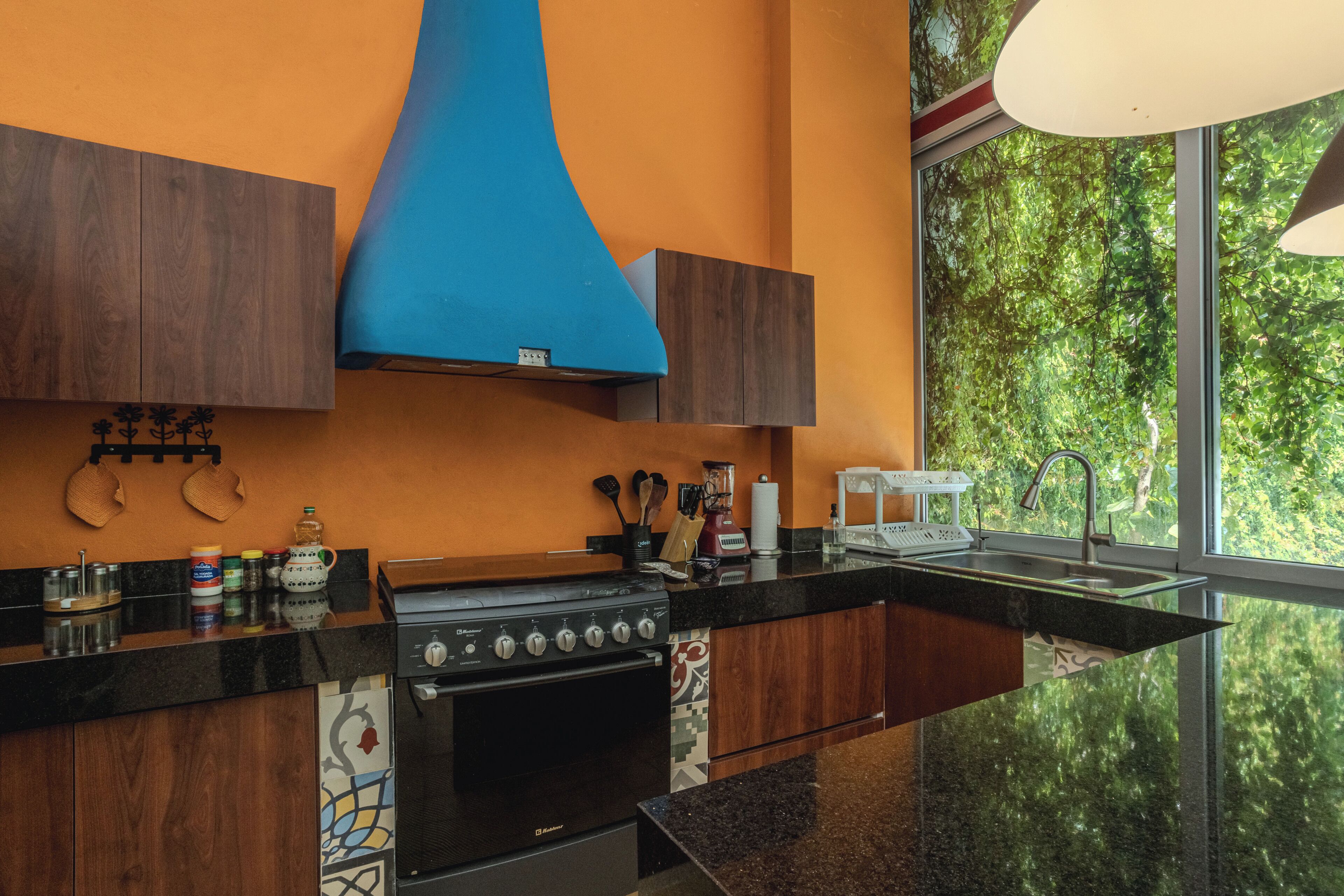 Une cuisine moderne avec un four noir, une hotte de couleur bleue et une grande fenêtre donnant sur un paysage verdoyant.