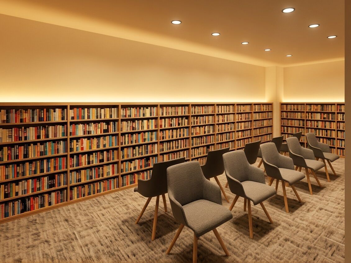 Una biblioteca con estanterías y varias sillas.
