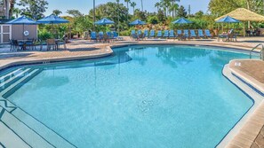 Ein Swimmingpool mit blauem Wasser, umgeben von Liegestühlen und Sonnenschirmen.
