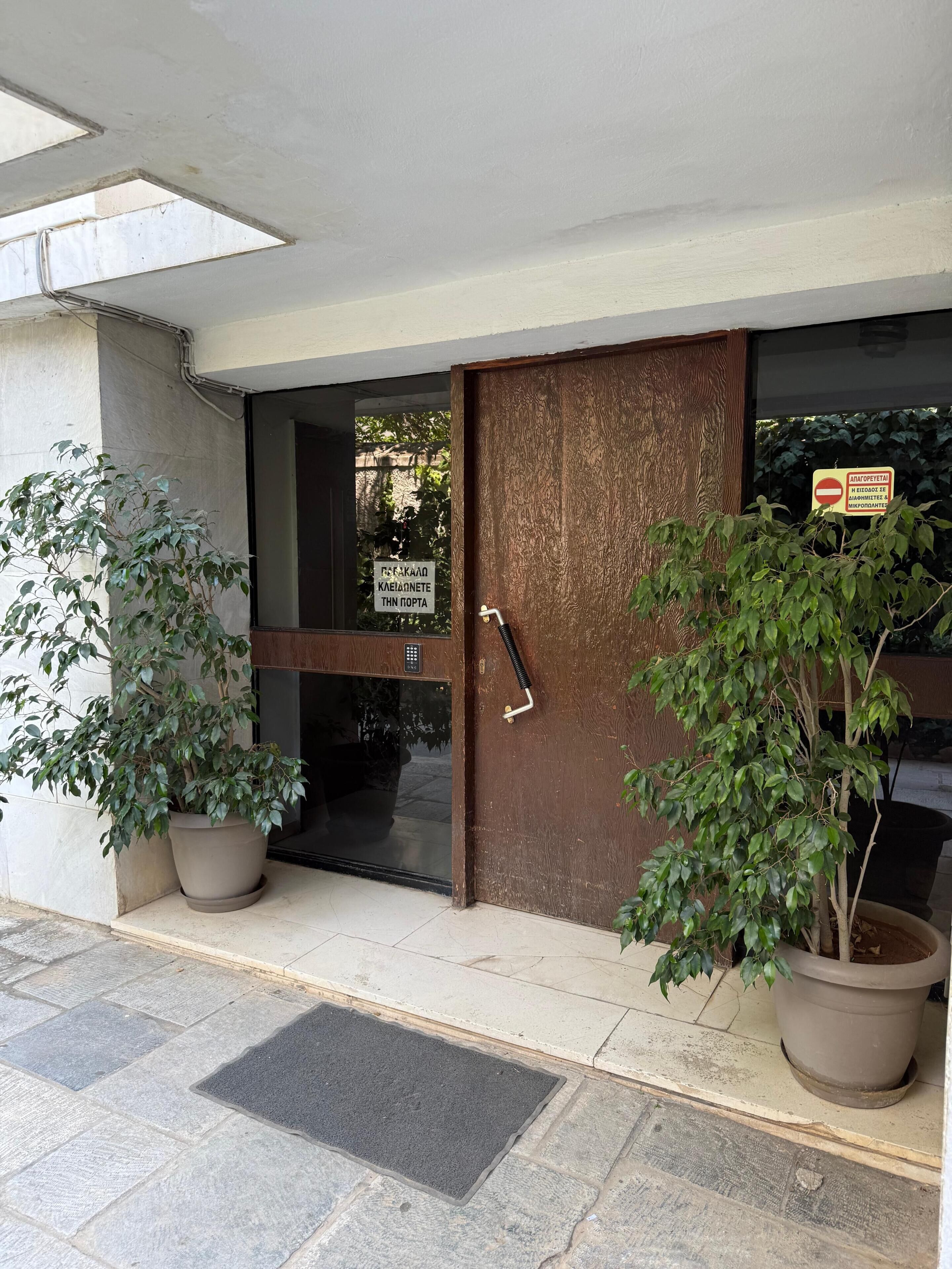 A building entrance with a brown door, a glass window, and a sign in Greek. There are two potted plants on either side of the door.