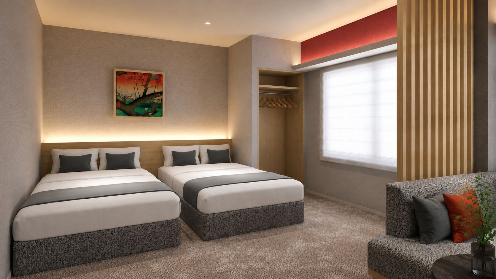 A hotel room with two beds, a seating area, a wardrobe, and a window with blinds.
