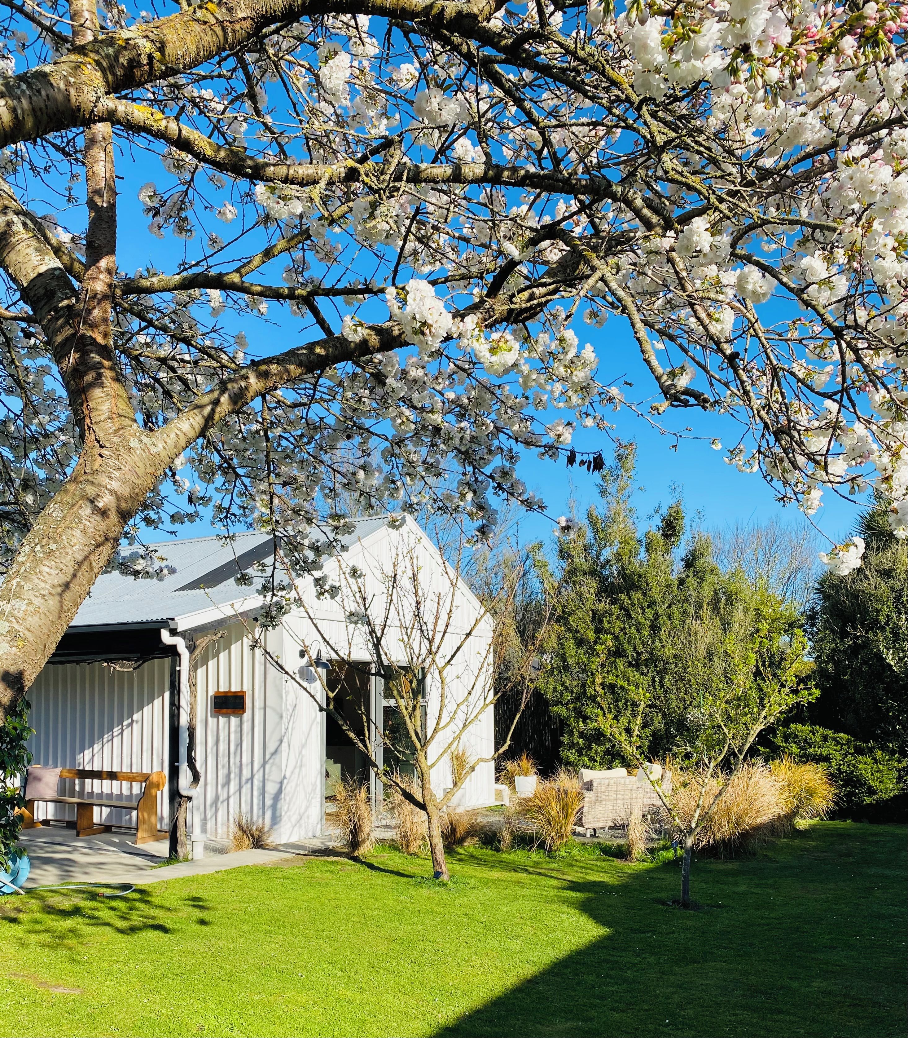 A white barn with a covered porch, surrounded by a well-maintained lawn and various shrubs.