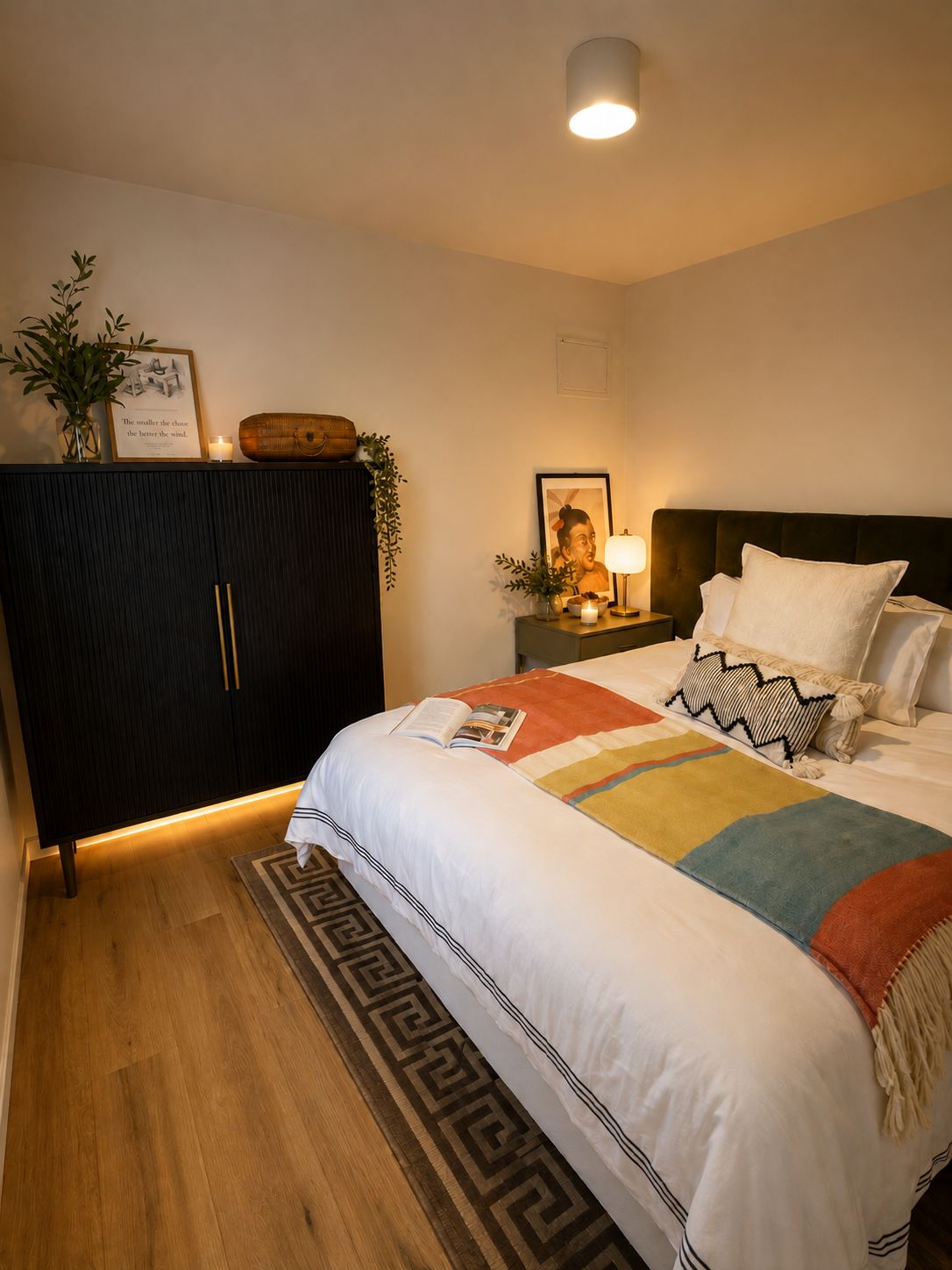 Une chambre à coucher avec un lit, une table de chevet, une lampe et une armoire de couleur sombre.