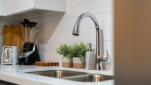 A kitchen with a stainless steel sink, a toaster, a blender, and two potted plants on the counter. - SOL Euphoria Walk to Beach Town (Ocho Rios)