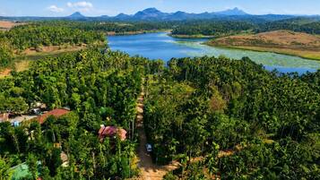 Paisatge tropical amb una vista clara d'un llac, envoltat de vegetació densa i alguns edificis.