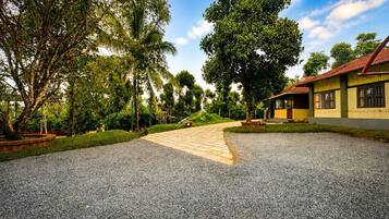 A paved driveway leading to a building with a red roof, surrounded by lush greenery and trees.