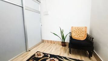 Une pièce avec un plancher en bois, une chaise noire avec un coussin à motifs, une plante en pot et un tapis décoratif.