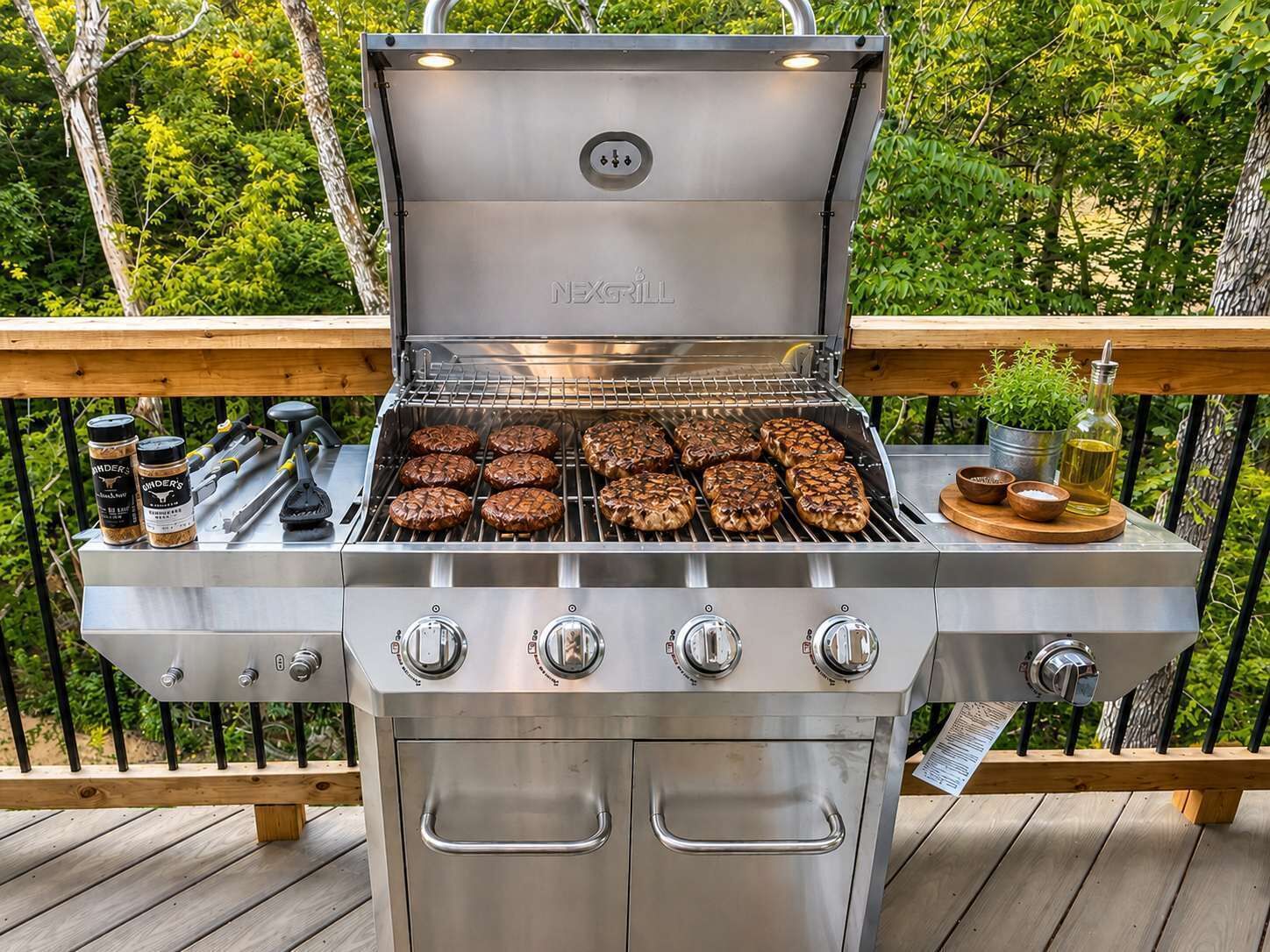 Un barbecue en acier inoxydable doté de quatre brûleurs, d’un thermomètre intégré et d’une étagère latérale pour y ranger les condiments et les ustensiles.