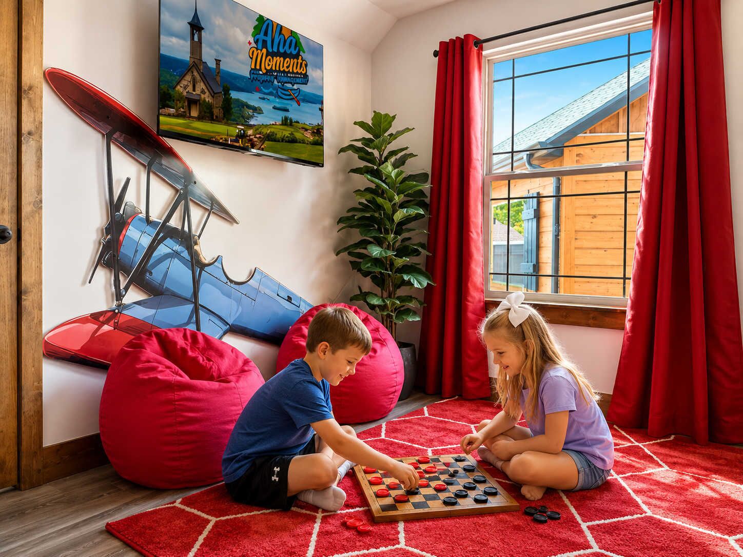 A room with a large window, a red carpet, a wooden floor, a red bean bag, a chessboard, and a poster on the wall.
