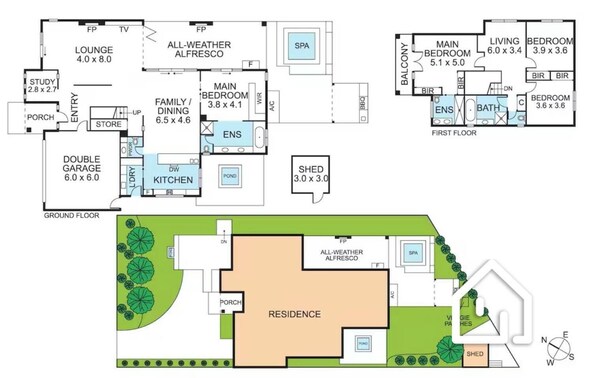 Plano de planta que muestra una residencia, garaje doble, estudio, sala de estar, zona exterior cubierta, dormitorio principal, comedor familiar, cocina y un cobertizo.