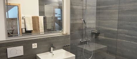 Un baño moderno con ducha envuelta en vidrio, un lavamanos blanco y un inodoro.
