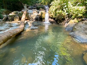 A natural water feature with a waterfall, surrounded by rocks and vegetation.