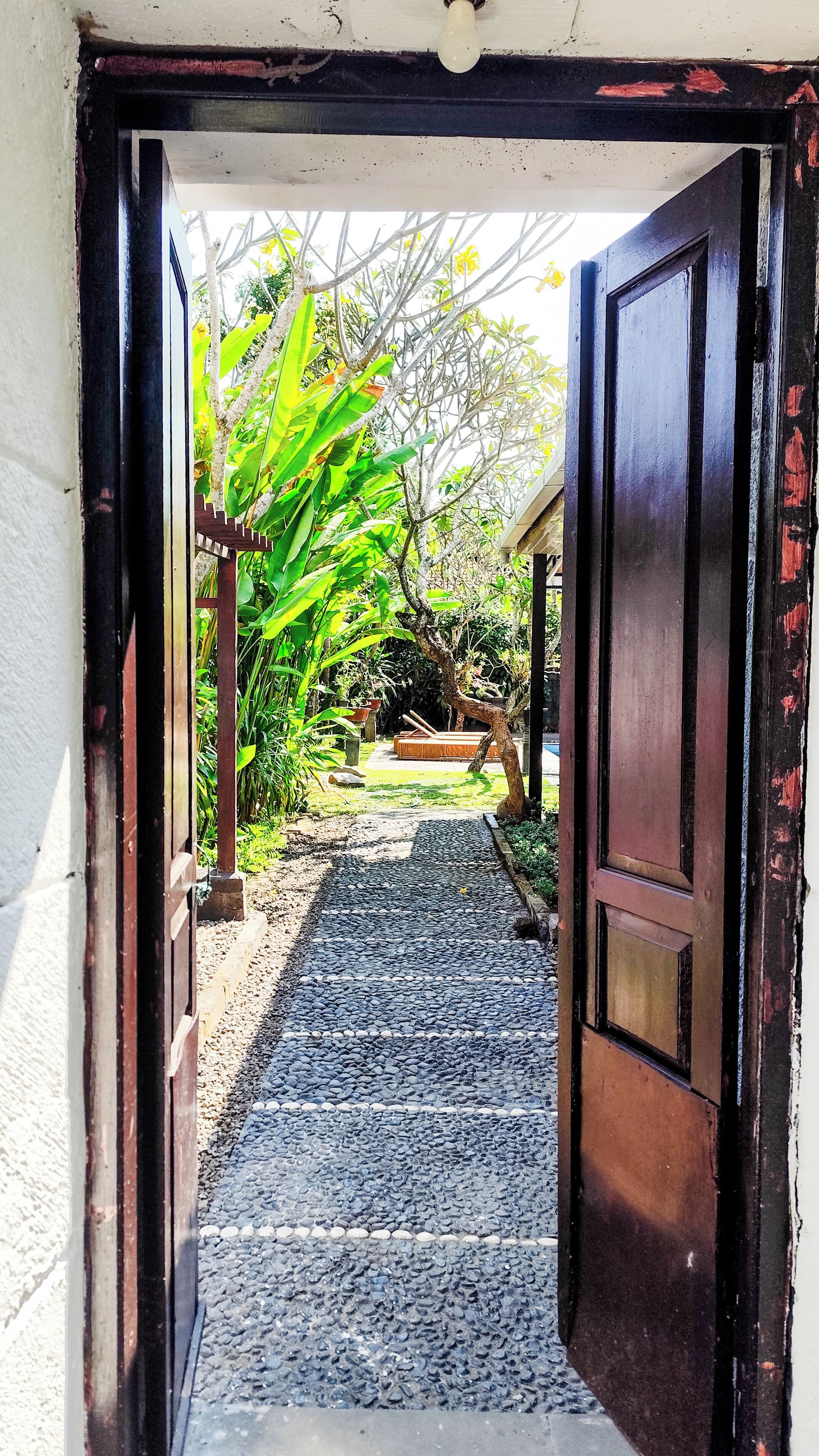 Un umbral abierto que da a un jardín con un camino de grava, plantas en macetas y un banco de madera.