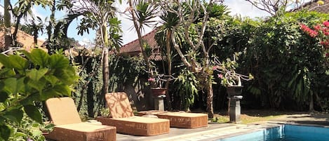 A swimming pool with lounge chairs and tropical plants.