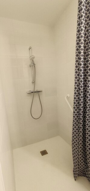 Douche, sèche-cheveux, serviettes fournies, savon