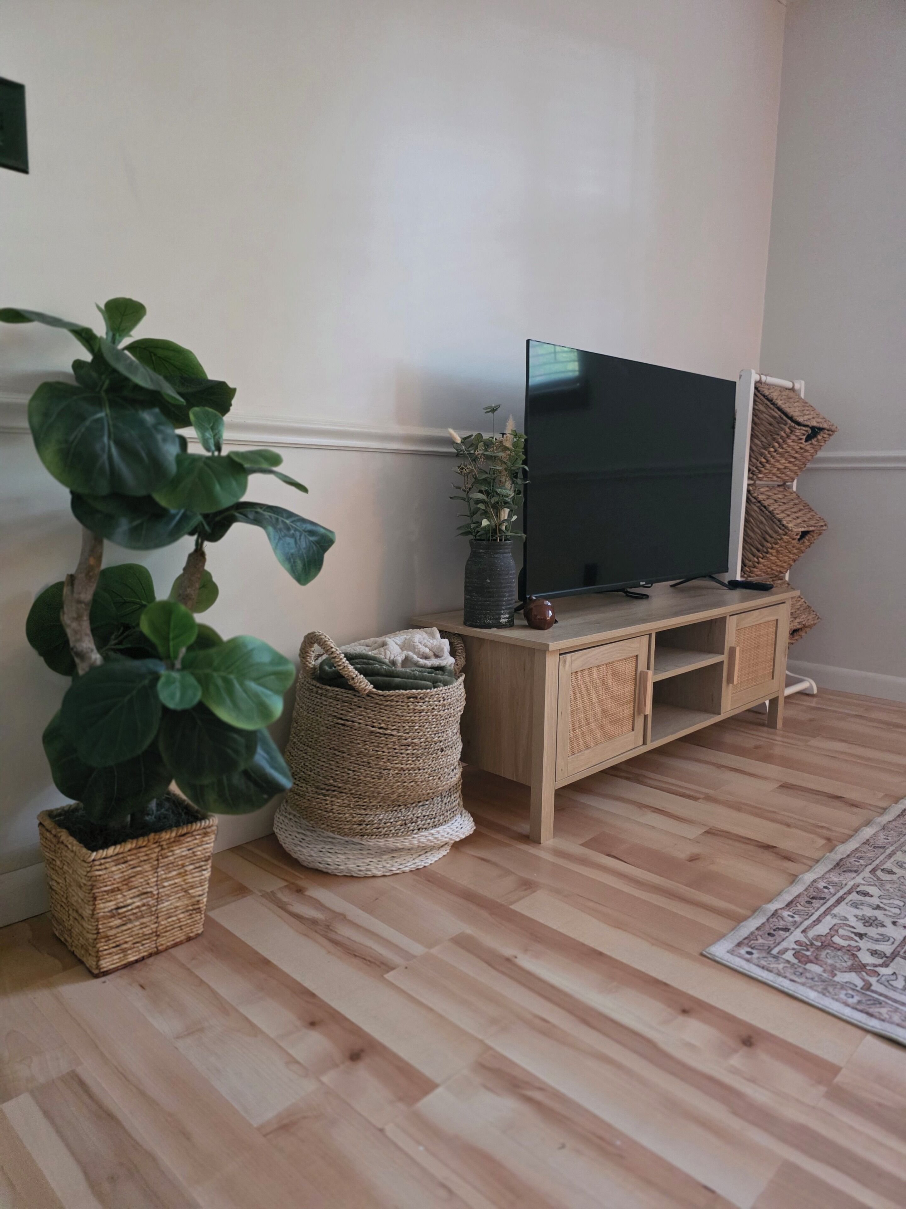 Een kamer met een televisie op een houten standaard, een grote potplant en een geweven mand.