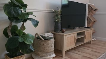 A room with a television on a wooden stand, a potted plant, and a woven basket.