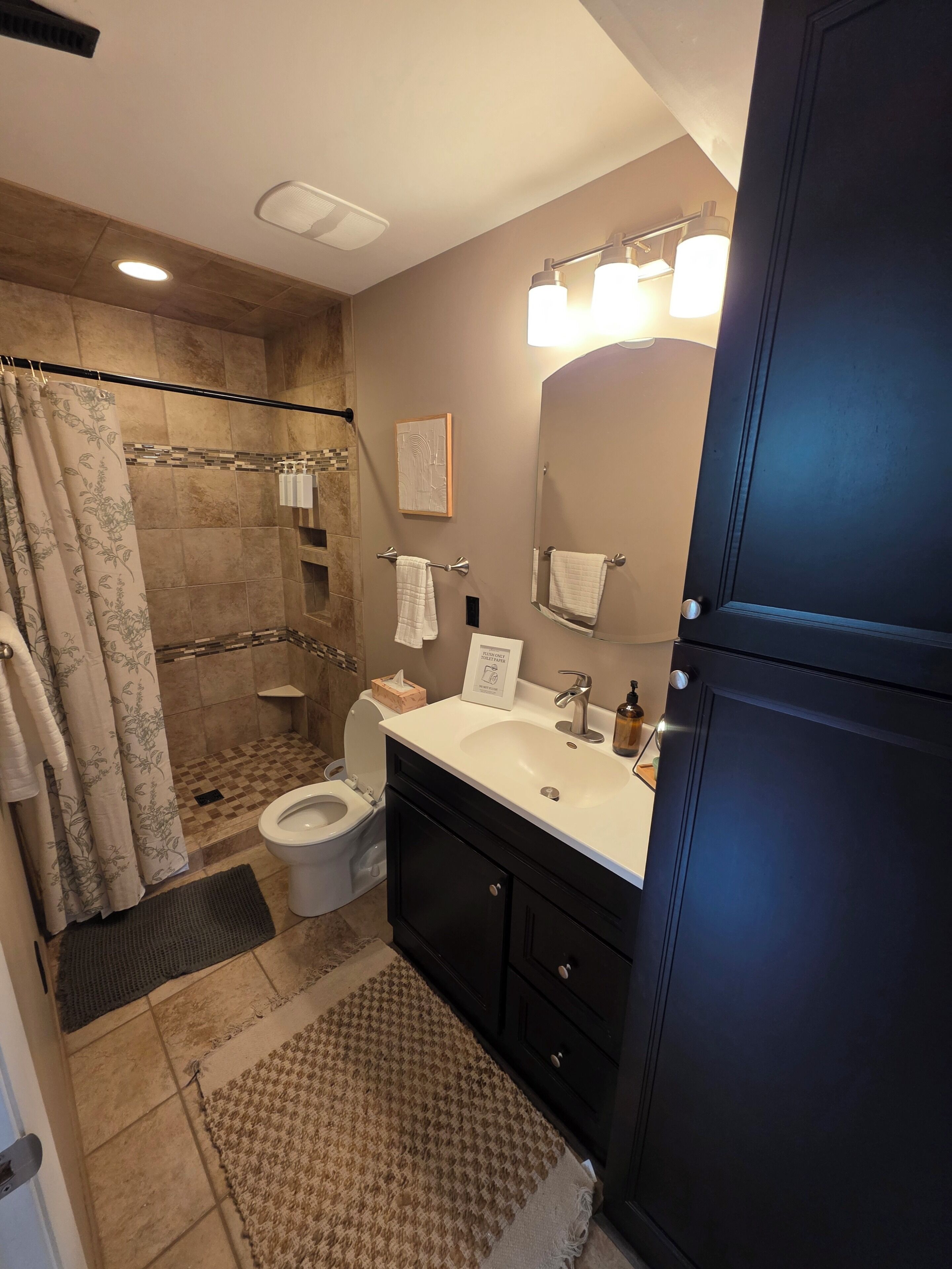 Hair dryer, towels, soap, toilet paper