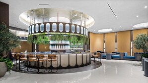 Zona de bar moderna con diseño circular, disposiciones para sentarse y vegetación.