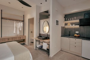 Una habitación de hotel moderna con cama, tocador con espejo, lavabo, armario empotrado y kitchenette.