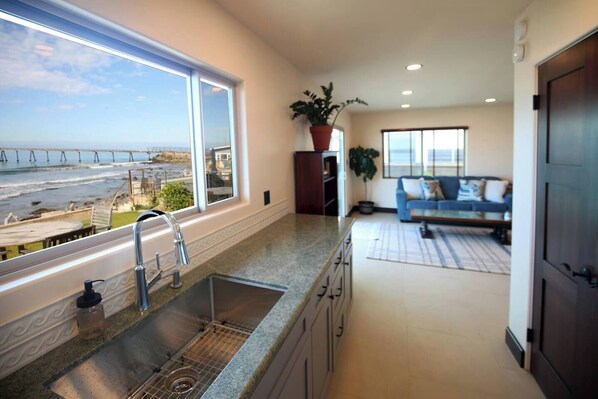 A kitchen with a large window overlooking a beach, a sink, and a potted plant.