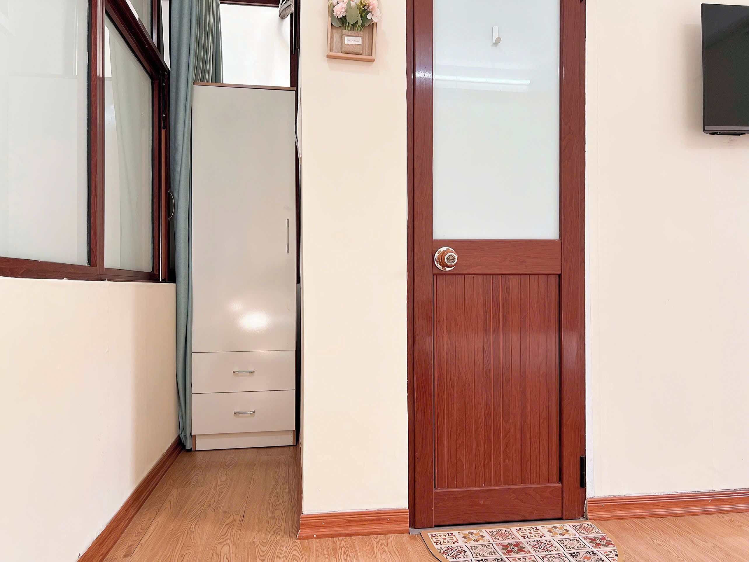 A hallway with a wooden door, a white wardrobe, and a small plant on the wall.