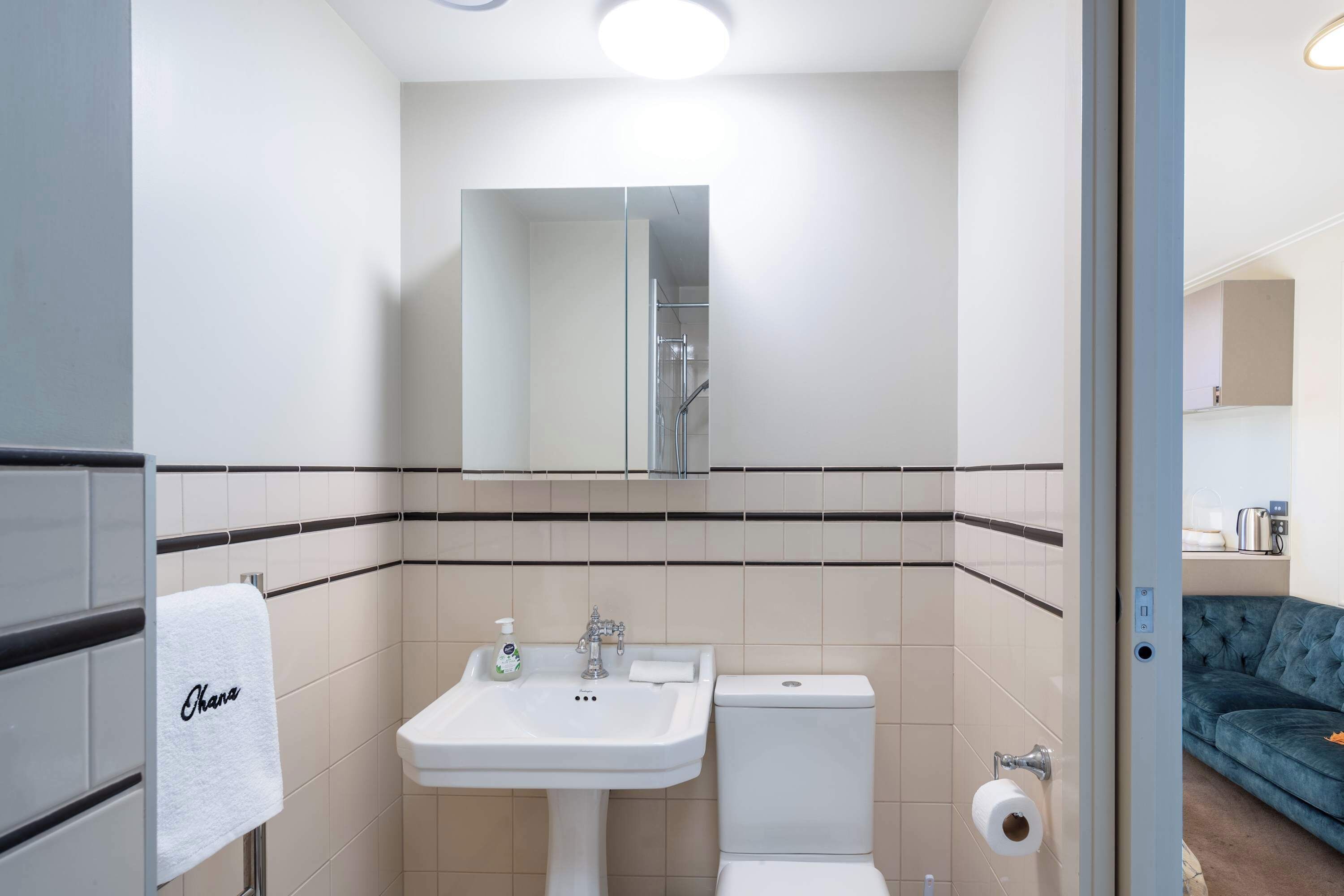 A bathroom with a sink, toilet, and a mirror.