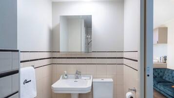 A bathroom with a sink, toilet, and a mirror.