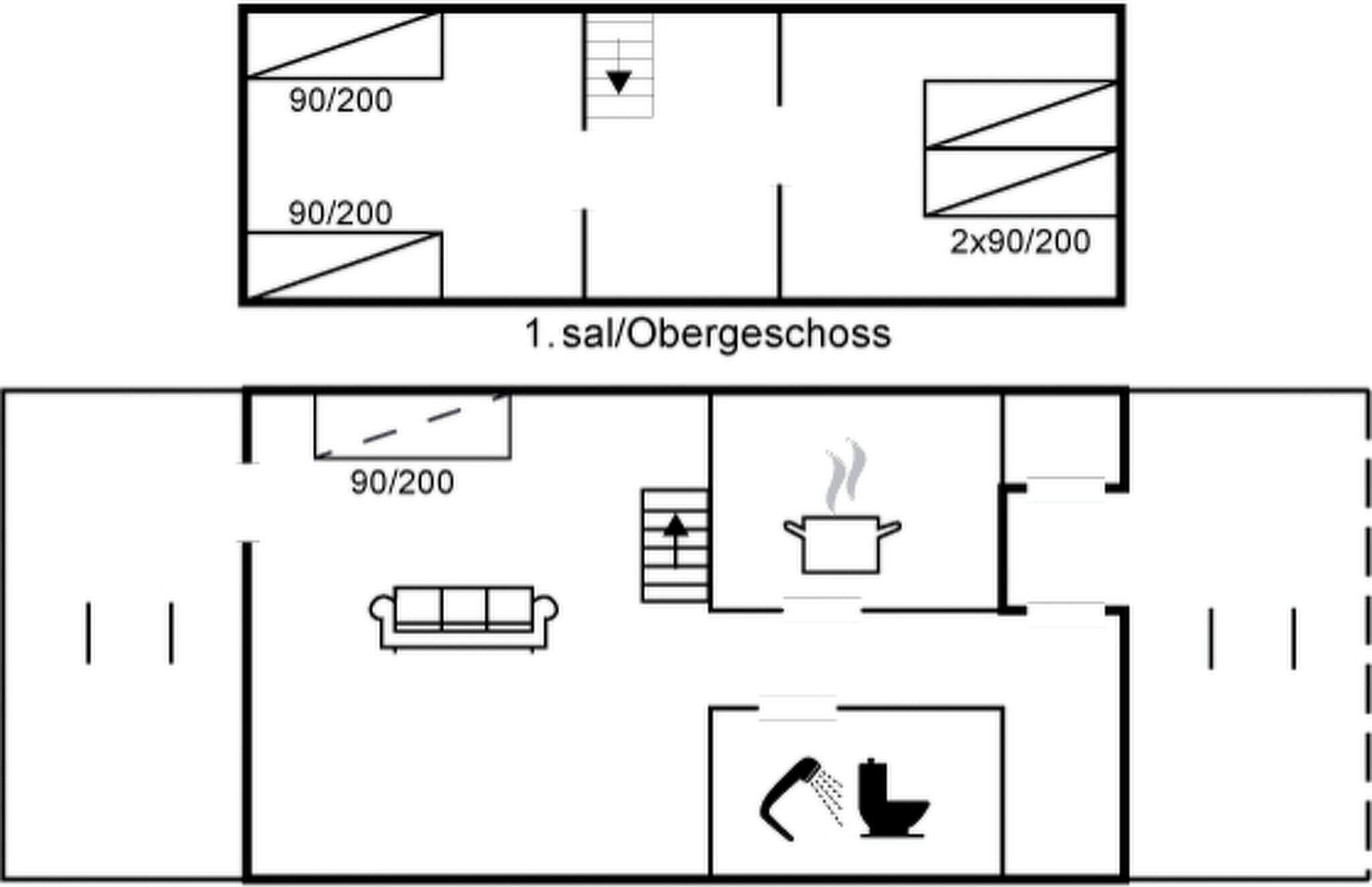 Ein Grundriss mit Küchenbereich, Essbereich und Wohnzimmer.
