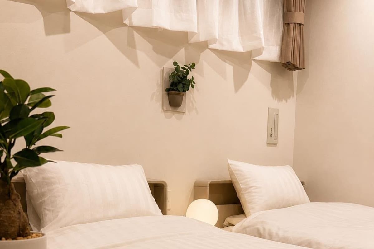 Una habitación de hotel con dos camas, una mesita de noche con una planta, una lámpara de pared y una ventana con cortinas.